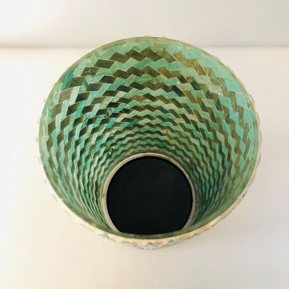 Candle Holder Vase Mosaic Mirror Pale Green Gold Tones Coastal Beachy Nautical - Picture 3 of 5